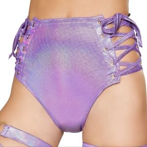 Roma Rave festival purple metallic holographic high waisted lace up shorts